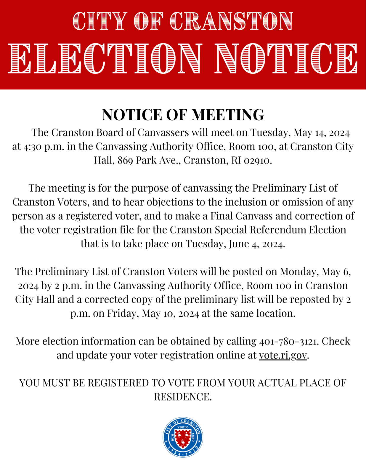 Cranston Board of Canvassers Notice of Meeting